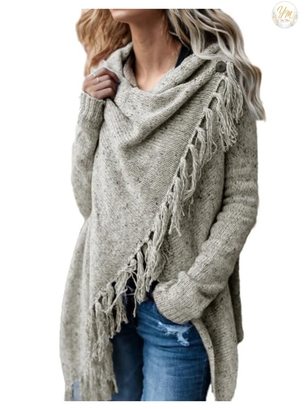 Loose Knit Tassel Fringe Cardigan with Cowl Neck & Button Wrap Front